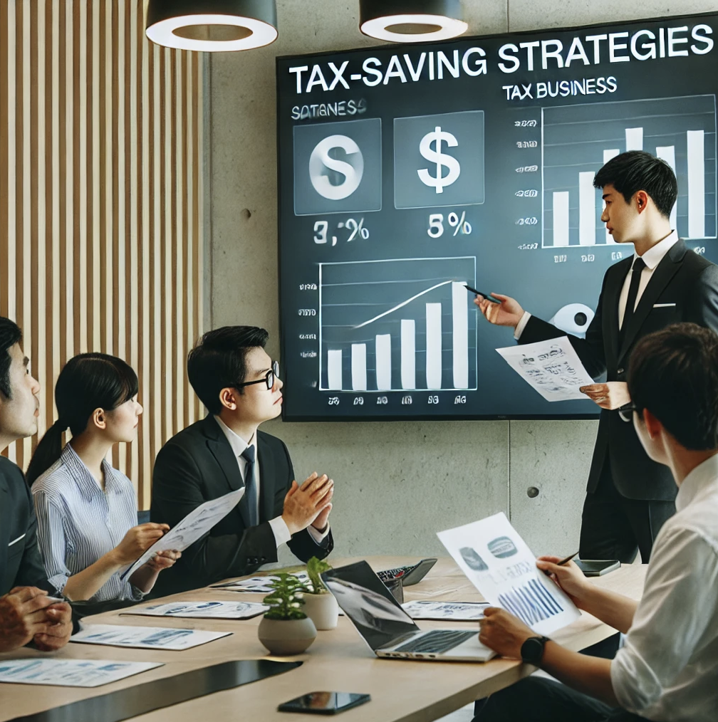 세무 전문가가 중소기업 사업자들에게 절세 전략을 설명하는 장면