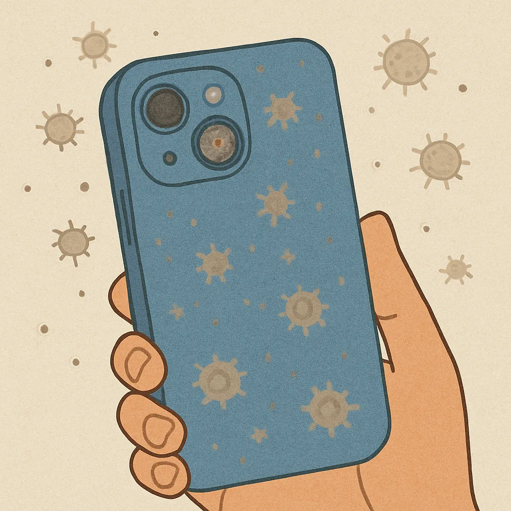 스마트폰-카메라-렌즈에-먼지가-쌓이는-과정을-상징적으로-표현한-일러스트-손에-쥔-휴대폰과-공중에-떠다니는-미세먼지-입자-이미지