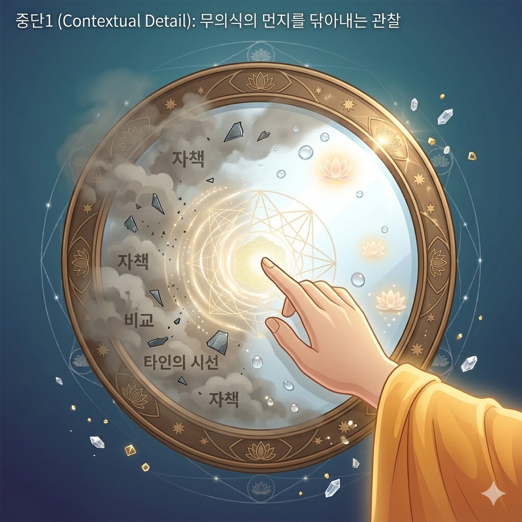 뿌연 안개와 먼지로 덮여 있던 거울이 수행자의 부드러운 손길(빛의 파동)을 통해 맑게 닦이며 찬란한 본래의 빛을 되찾는 1:1 비율의 예술적인 이미지.