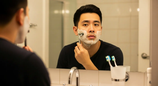 화장실 거울 앞에서 면도를 하고 있는 남성