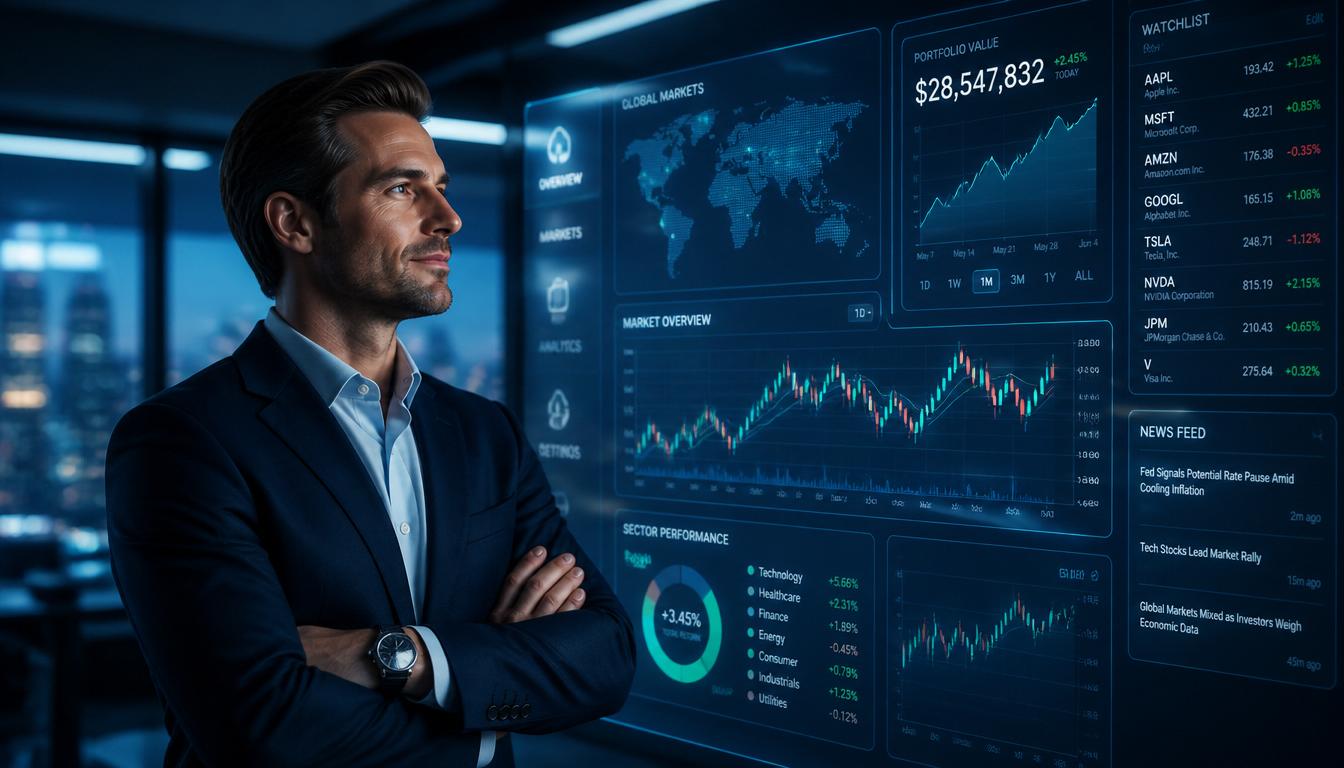 Confident investor looking at a futuristic digital financial interface, XRP investment analysis.