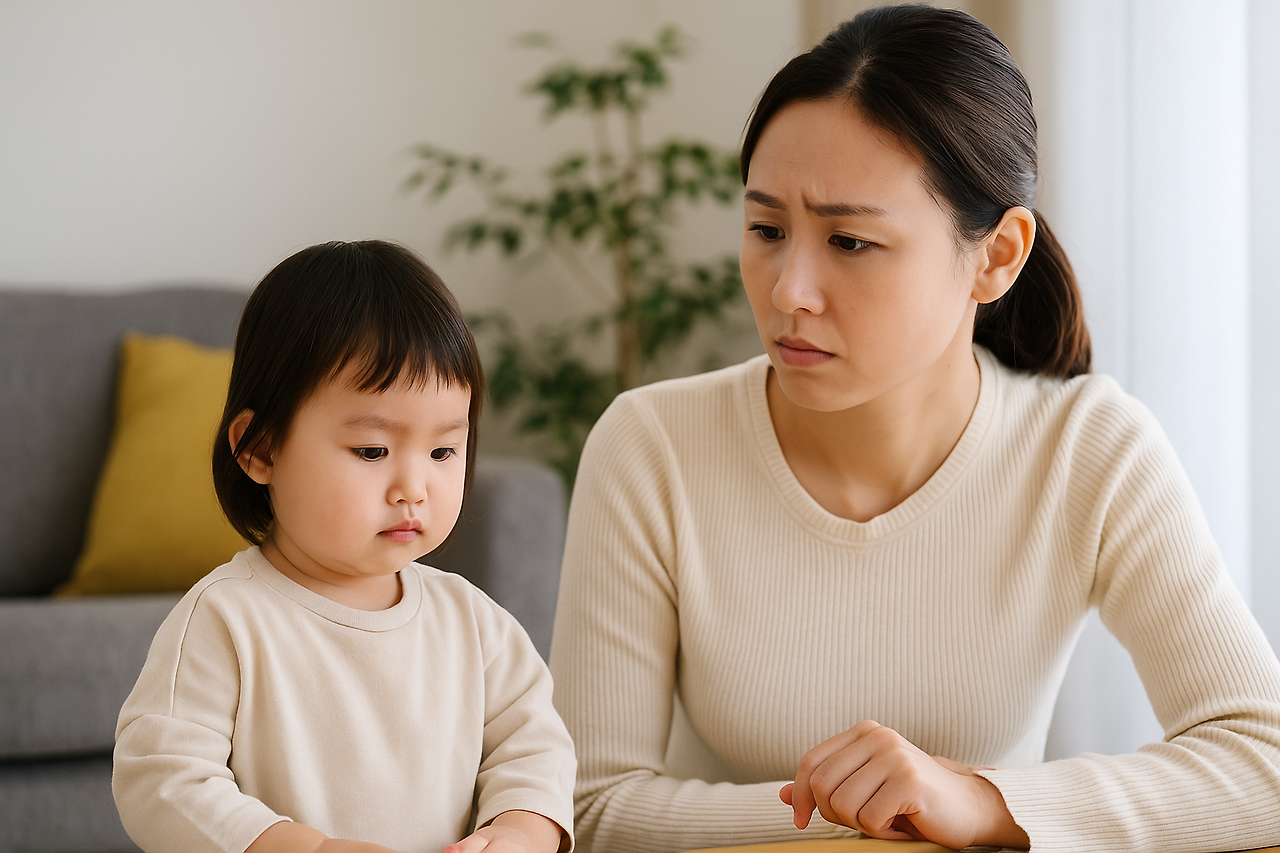 어린 여자아이가 고개를 숙인 채 조용히 앉아 있고, 옆에서 엄마가 걱정스러운 표정으로 아이를 바라보는 모습. 부모의 감정 상태가 아이의 정서 발달에 영향을 미칠 수 있음을 상징하는 장면