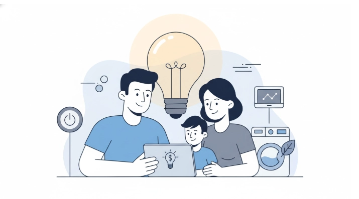 가족이 태블릿으로 간편하게 전기요금 고지서를 확인하고 있는 모습. 스마트 가전제품이 보이는 현대적인 거실에서 편안하게 에너지 소비를 관리하는 모습을 표현한다.