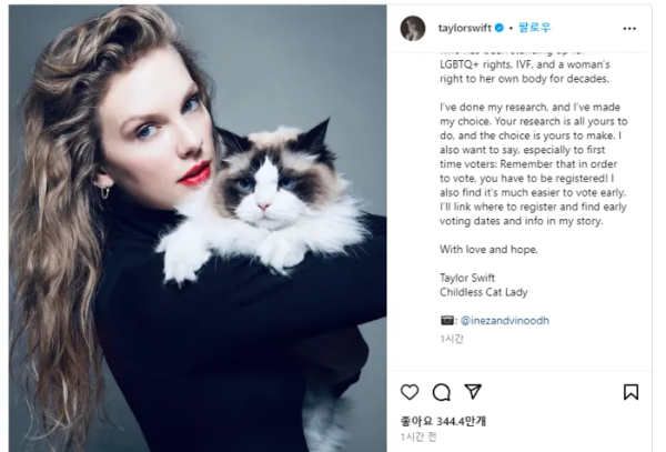 테일러 스위프트 해리스지지 선언