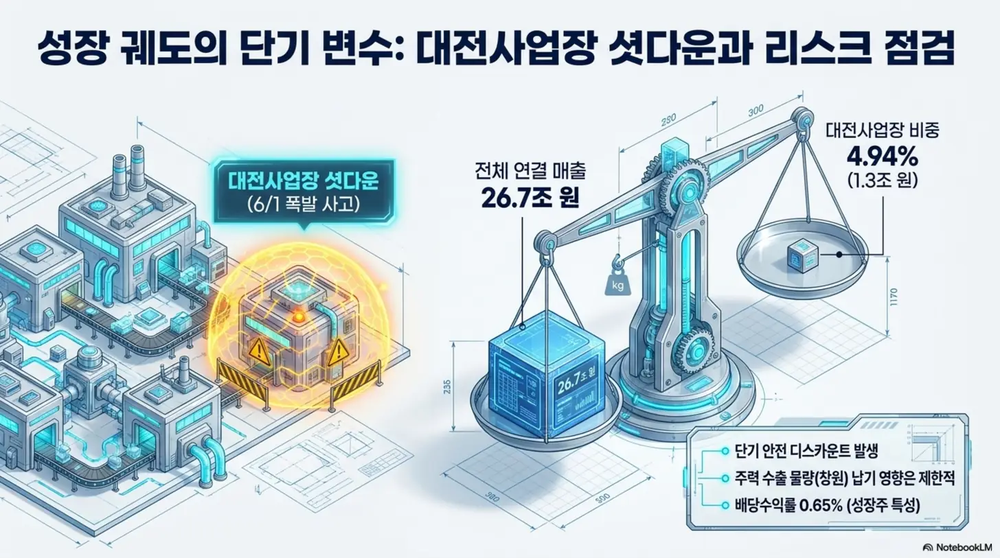 한화에어로스페이스 주가 전망: 한화에어로스페이스 대전사업장 6월 1일 폭발 사고에 따른 생산중단 리스크를 공장과 저울 그래픽으로 표현한 인포그래픽. 전체 연결 매출 26.7조 원 대비 대전사업장 비중 4.94%로 영향이 제한적임을 보여주며, 한화에어로스페이스 안전 디스카운트와 단기 리스크 점검을 설명함