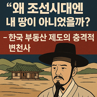 조선시대 부동산 제도 변천사 소개 포스터. ‘왜 조선시대엔 내 땅이 아니었을까? - 한국 부동산 제도의 충격적 변천사’라는 문구와 전통 한옥, 갓을 쓴 조선시대 인물의 그림이 함께 표현된 이미지.”