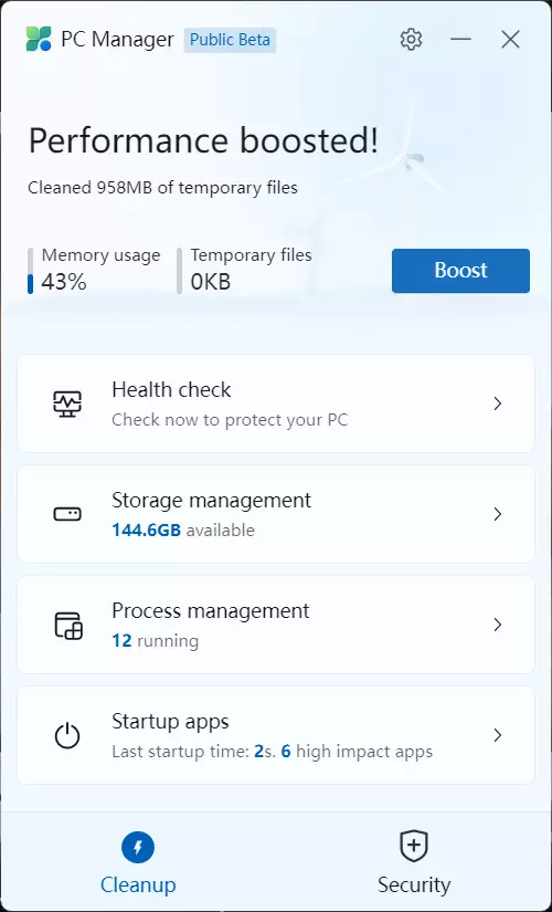 마이크로소프트 (Microsoft) PC Manager Boost 결과