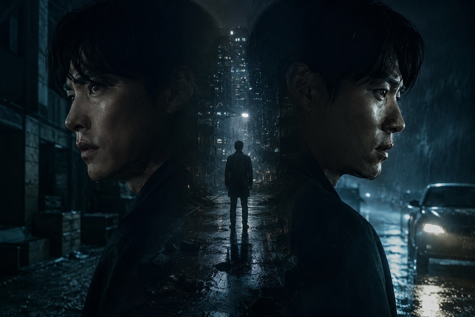 넷플릭스 드라마 들쥐를 연상시키는 어두운 빗속 도시와 서로 다른 방향을 바라보는 두 남자의 모습