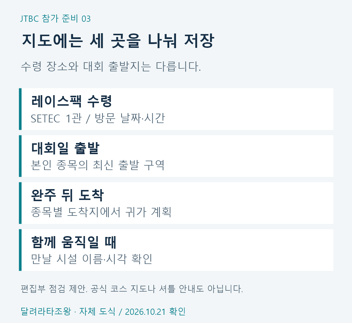 레이스팩 수령지와 종목별 출발지, 도착지, 귀가편을 나누어 저장하는 체크리스트
