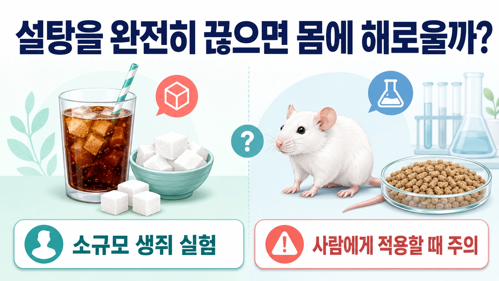 설탕을 완전히 끊는 문제와 생쥐 연구의 제한을 실험 사료와 생활 식단으로 구분한 썸네일