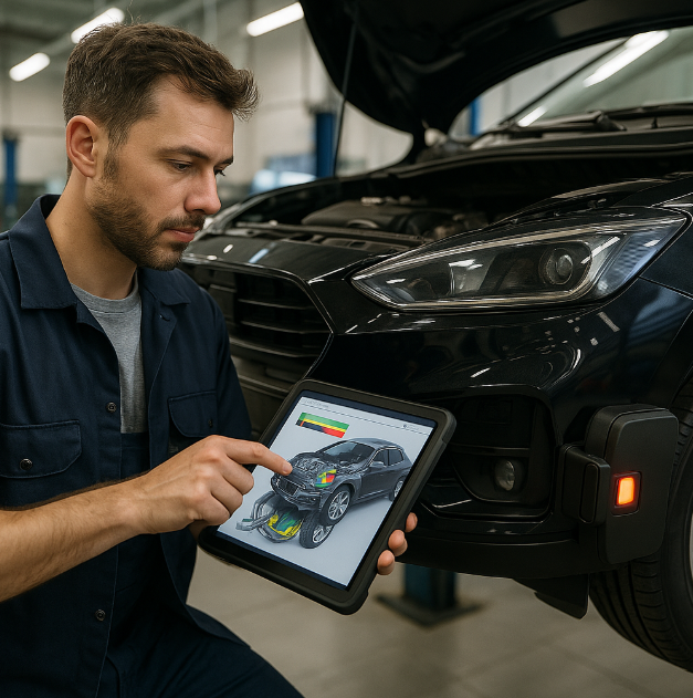 첨단센서를 이용해 자동차 정비하는 사진