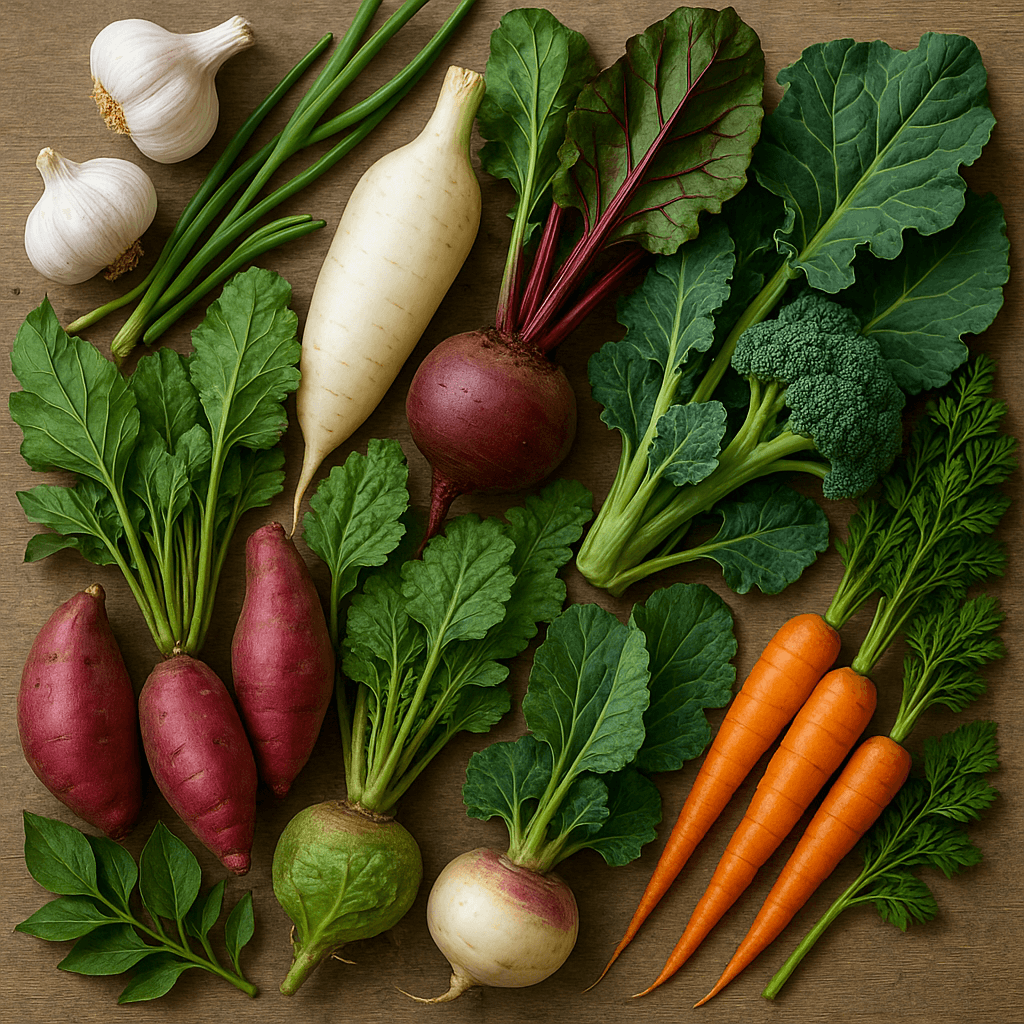 잎부터 뿌리까지 먹는 채소들- 마늘과 마늘쫑, 고구마와 고구마줄기, 무우와 무청,비트와 비트잎, 브로콜리와 브로콜리잎, 당근과 당근잎, 순무와 순무잎 이미지