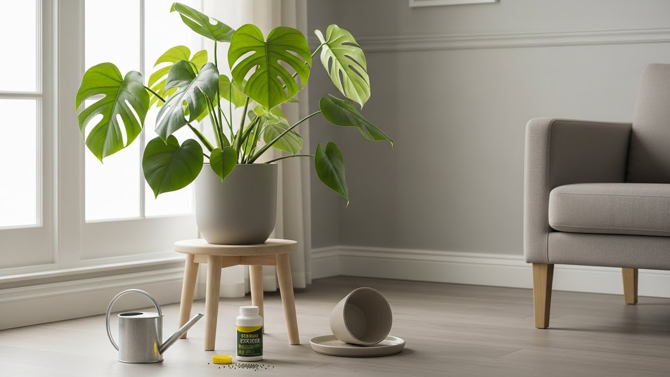 실내 창가에 놓인 화분 식물과 물뿌리개, 비료가 함께 보이는 모습. 실내 식물 관리에서 자주 하는 오해를 설명하는 대표 이미지.