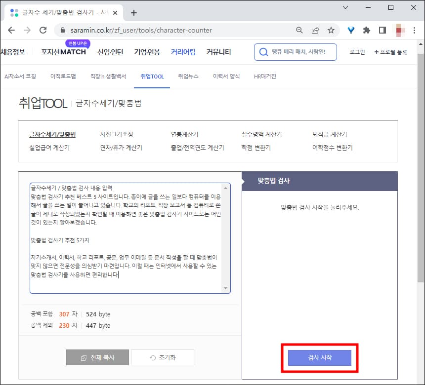 사람인 한글 맞춤법 검사 화면