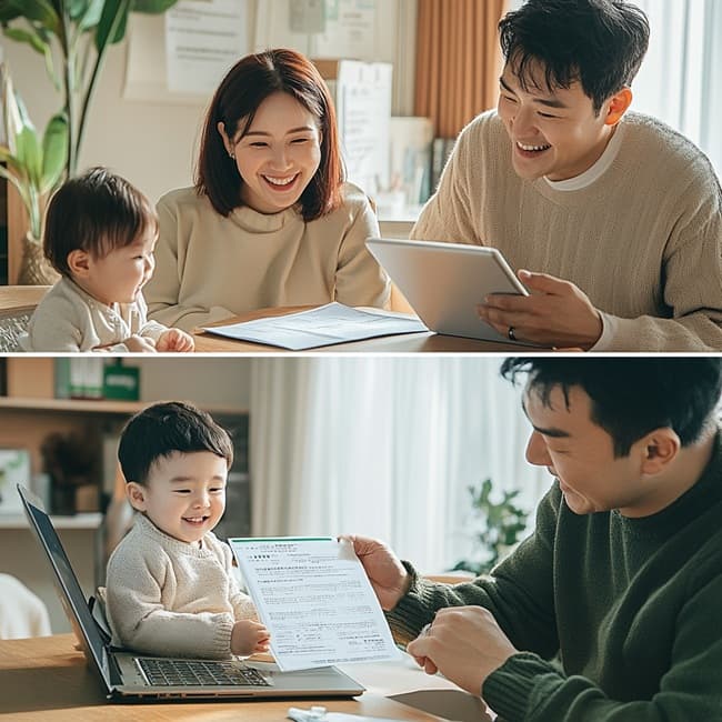 주민센터에서 부모급여 관련 상담을 받는 가족의 와이드 앵글 사진