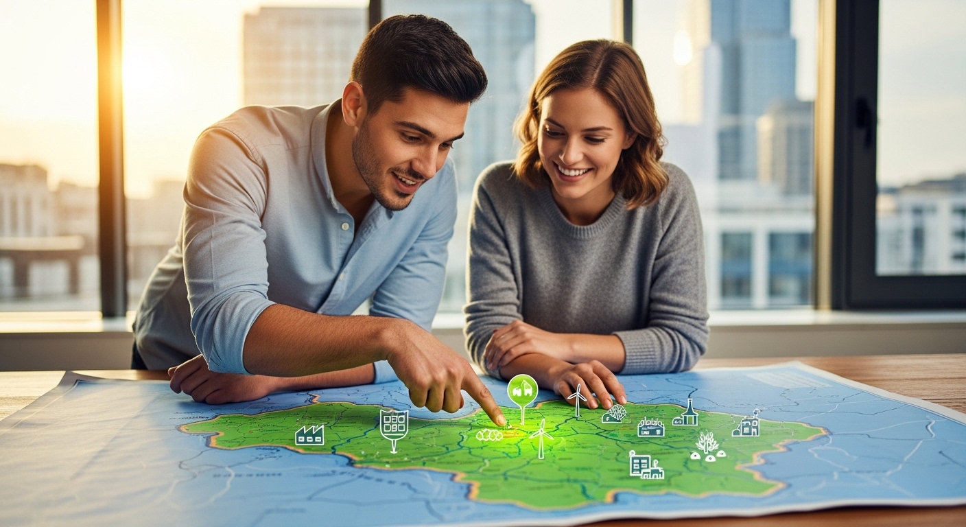 비수도권 지도를 보며 희망찬 표정을 짓는 청년들의 모습, 지역 일자리 기회 확대를 상징.