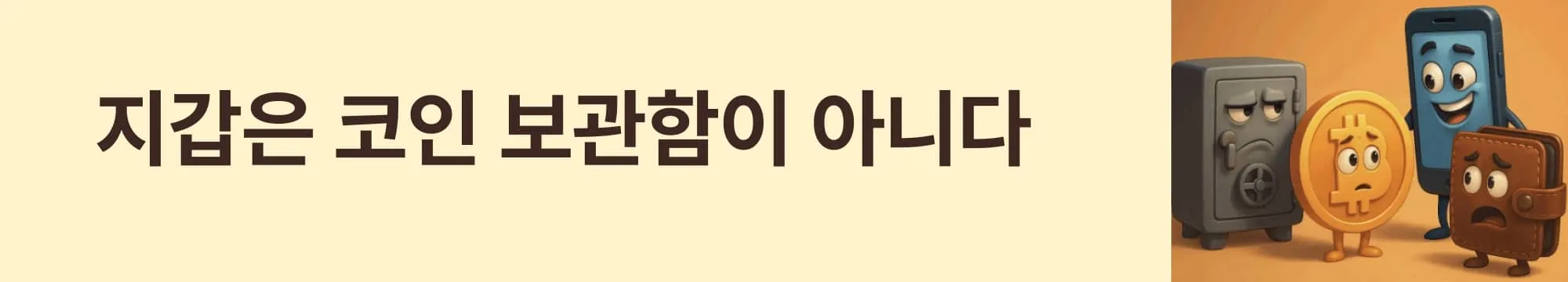 &lsquo;지갑은 코인 보관함이 아니다&rsquo;라는 문구가 포함된 웹배너 이미지. 이 이미지는 암호화폐 지갑이 단순한 저장소가 아니라 블록체인과 상호작용하는 인터페이스라는 핵심 개념을 시각적으로 전달하며, 블로그의 비트코인 지갑 구조 소개 섹션과 관련된 내용을 설명함 (wallet function blockchain interface)