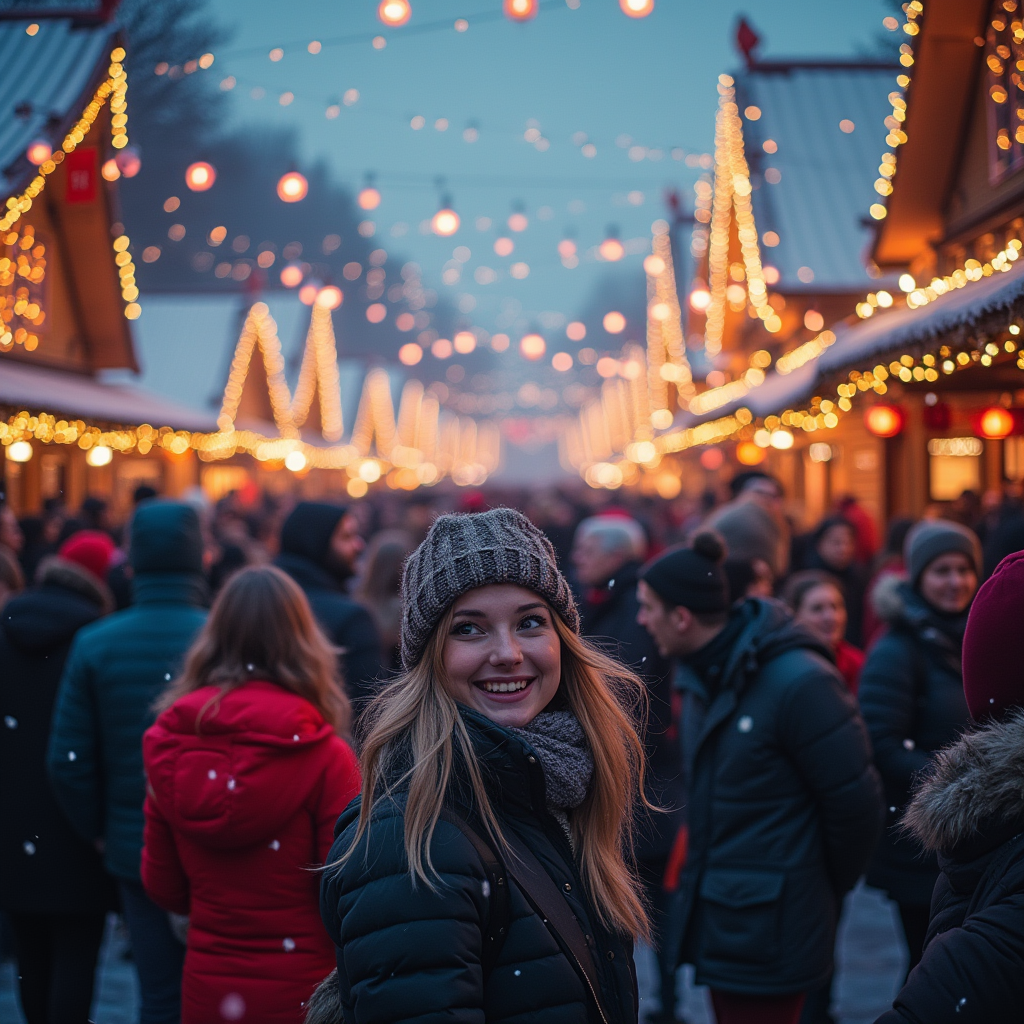 눈 내리는 계절 거리에서 예쁜 조명들을 보며 밝게 웃는 여성의 모습