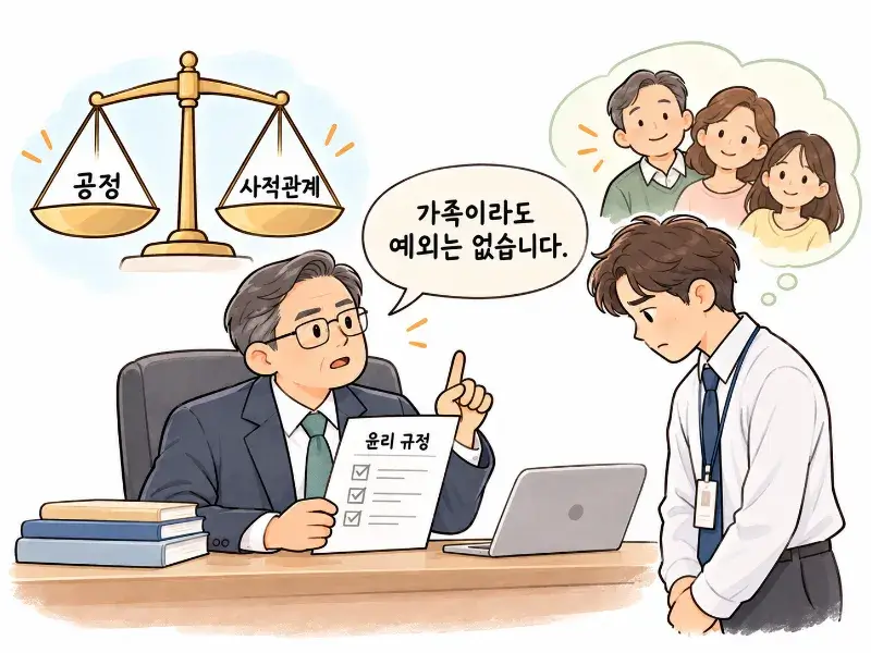 Pastel illustration of a manager explaining ethical rules to a family member at work, symbolizing Daeui Myeolchin, the principle of upholding fairness and public duty over family ties.