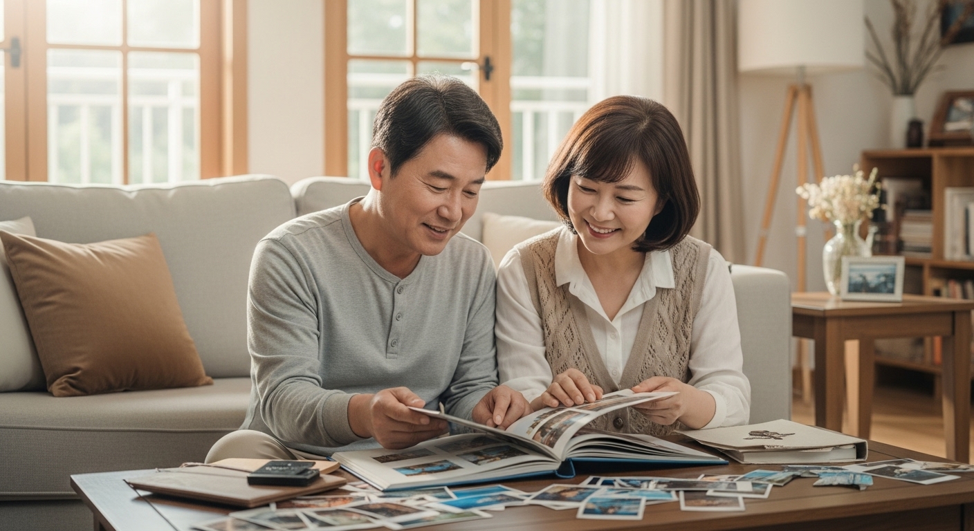 여행 앨범을 정리하며 회상하는 부부