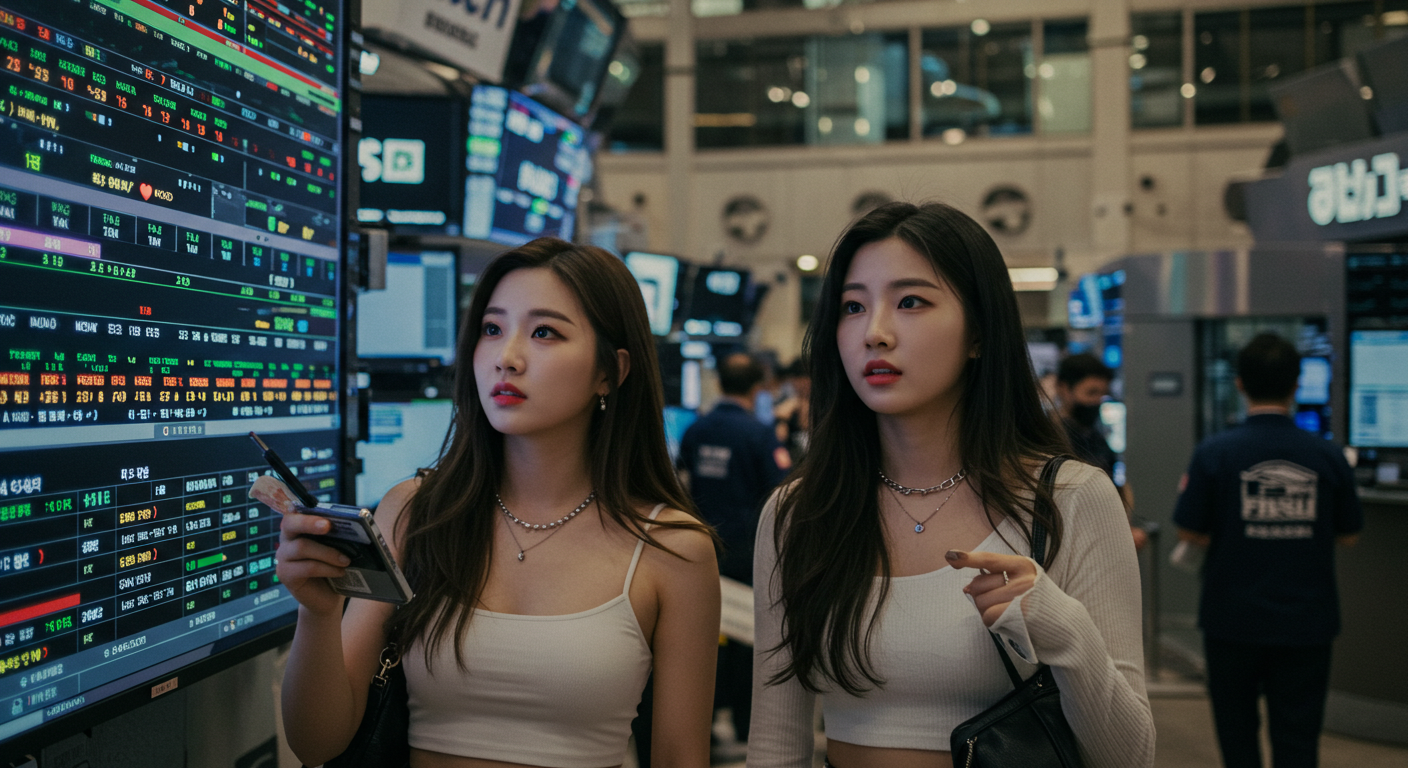 금융 현황을 전광판으로 체크하는 여성들