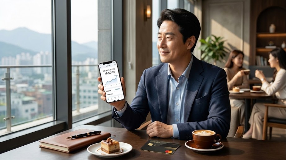 전망 좋은 창가 카페에서 여유롭게 커피를 마시며, 스마트폰 앱에 찍힌 주유비 카드 할인 누적 금액을 보여주며 만족스러운 미소를 짓는 남성의 실사 이미지. 본인의 이동 동선에 딱 맞는 주유 카드로 교체하여 매달 차량 유지비를 성공적으로 방어한 긍정적인 상황을 묘사한 사진.