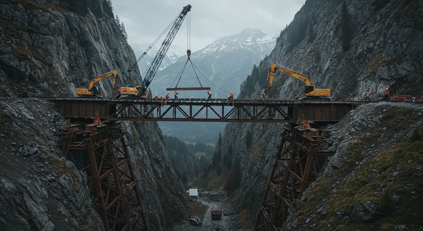 산비탈에서 철도공사하는 모습