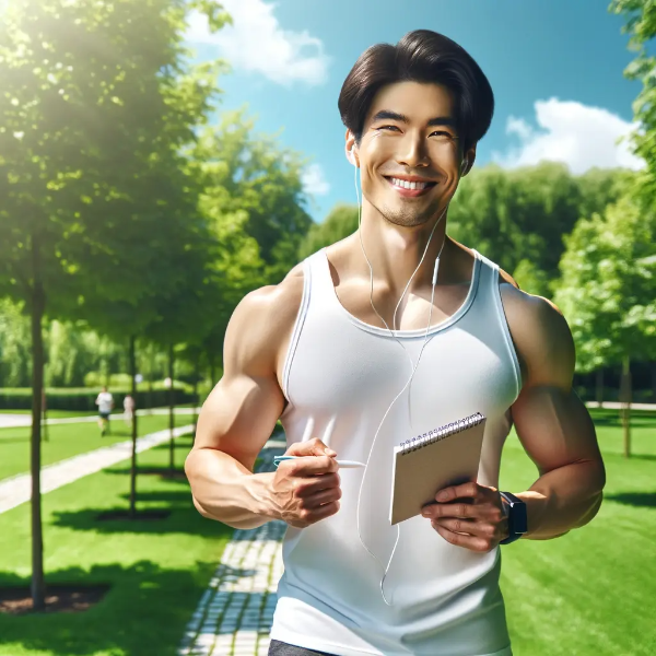 체계적인 다이어트 진행을 기록하며 야외에서 조깅하는 동양인 남성
