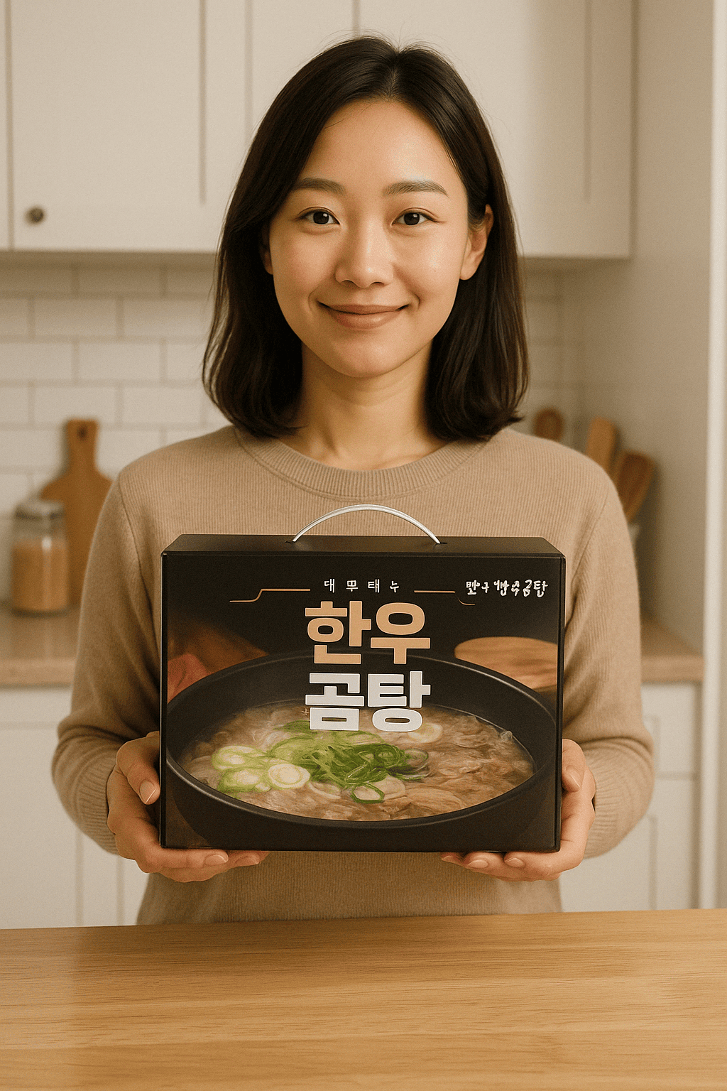 산뜻한 주방에서 만나곰탕 포장팩을 들고 있는 젊은 여성 소비자