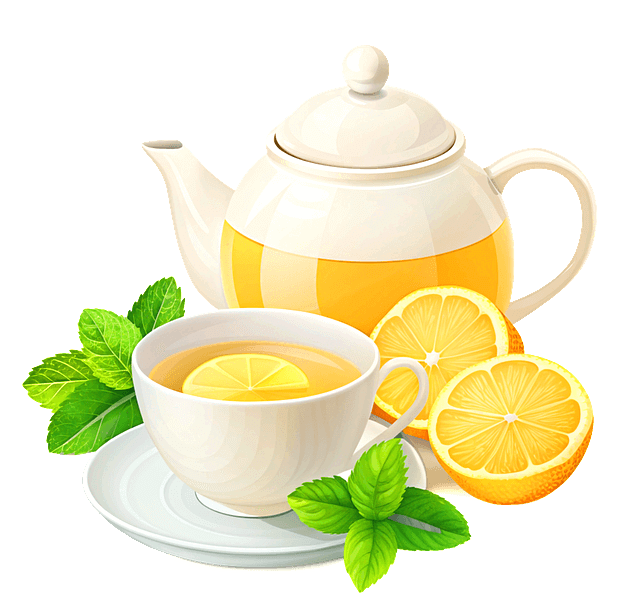 하얀 주전자에 노란 레몬차가 있다. 앞에는 노란색 반쪽 레몬들이 있고, 찾잔에도 레몬조각이 담긴 레몬차가 있다.