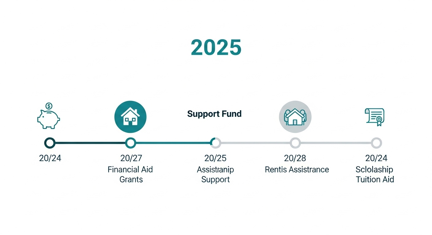 2025년 달력에 주요 지원금 신청 기간이 표시되어 있고, 각 기간마다 금융, 주거, 교육 관련 아이콘이 강조된 이미지.