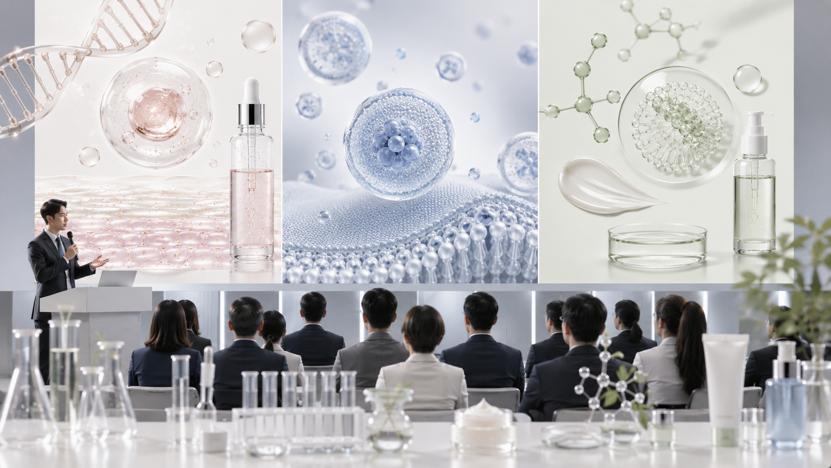 2026 춘계 대한화장품학회에서 주목한 비동물성 PDRN, 미생물 유래 EV, 바이오서팩턴트 원료 흐름을 보여주는 이미지