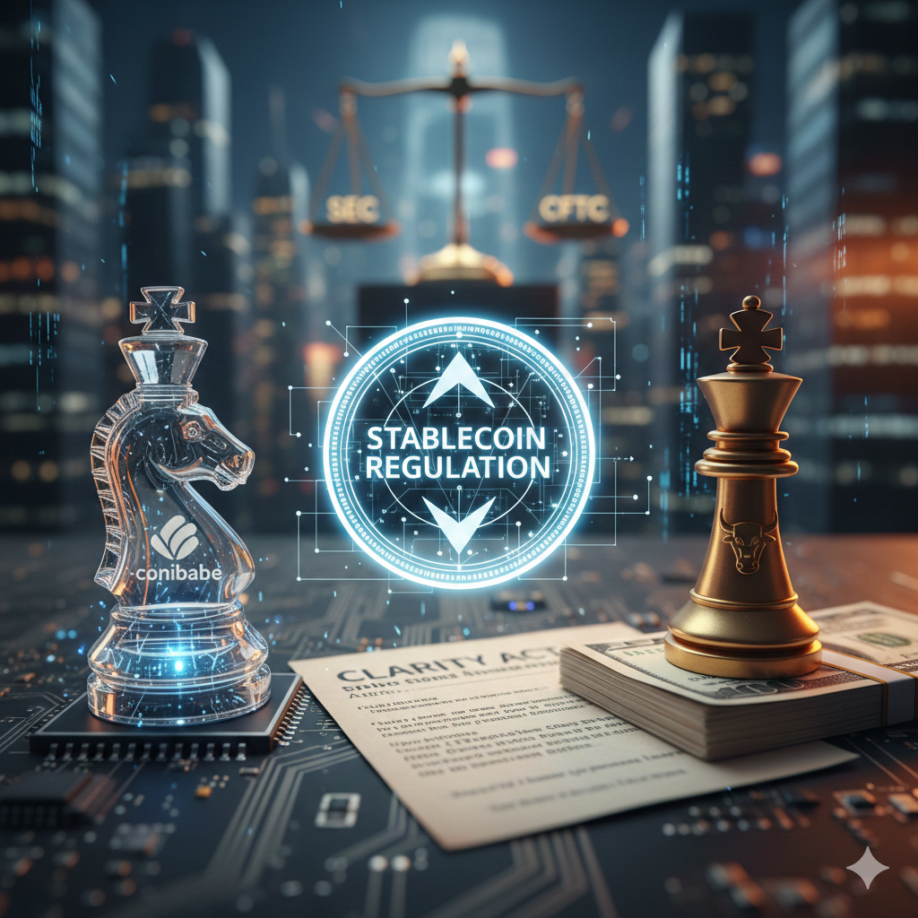 어두운 도심의 야경을 배경으로 전자 회로 기판 위에서 벌어지는 체스 경기를 묘사한 이미지에요. 왼쪽에는 가상자산 업계를 상징하는 투명한 크리스탈 질감의 나이트 체스 말이 배치되어 있고, 오른쪽에는 월가와 전통 금융권을 상징하는 황금색 킹 체스 말이 달러 지폐 뭉치 위에 놓여 있어요. 두 말 사이에는 STABLECOIN REGULATION이라는 문구가 적힌 푸른색 홀로그램 인터페이스가 떠 있으며, 배경 중앙에는 SEC와 CFTC라는 글자가 새겨진 황금색 정의의 저울이 배치되어 규제 관할권 다툼을 시각적으로 표현하고 있어요.