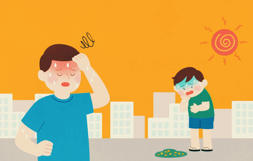 더위 먹은 남자 어른과 아이