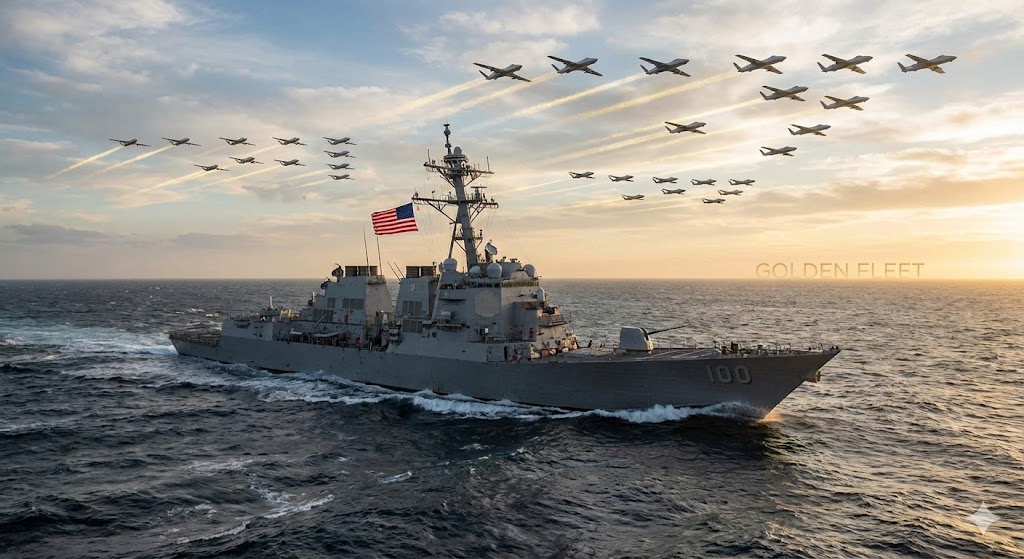 거친 바다를 항해하는 최첨단 이지스함과 그 위를 호위하는 드론 편대(황금함대)의 웅장한 모습