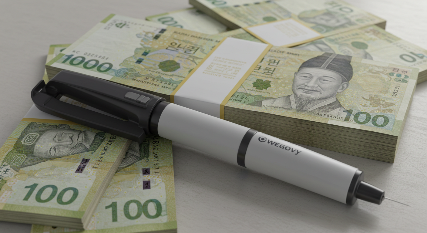 위고비 주사제 펜이 한국 지폐와 함께 놓여 고가의 치료 비용을 상징하는 사진