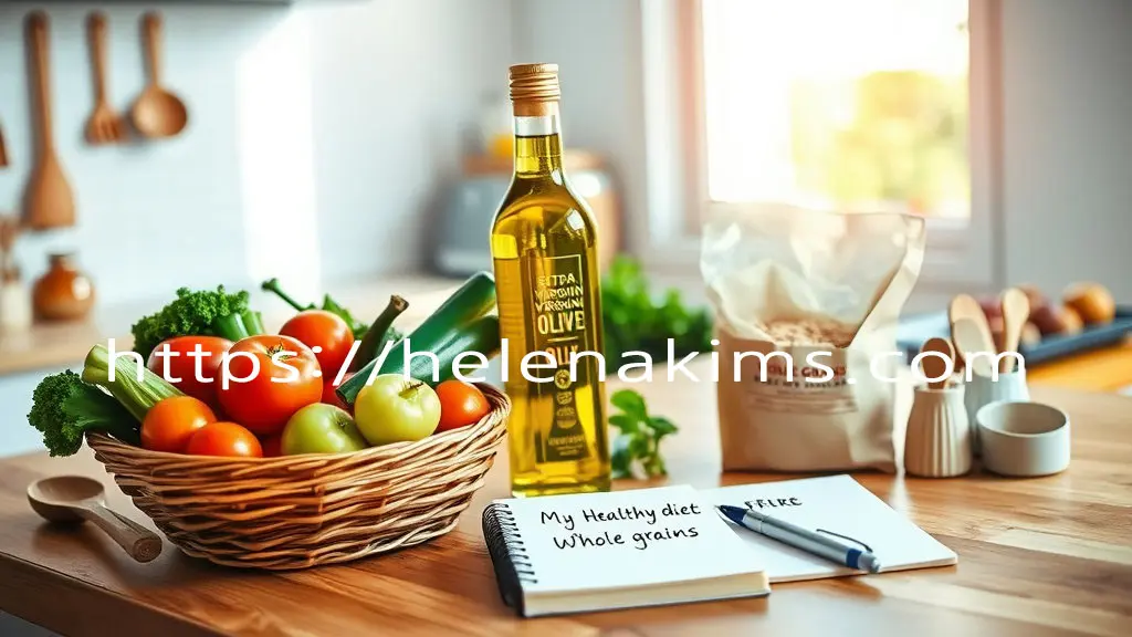 따뜻하고 밝은 주방 카운터 위에 신선한 채소 바구니, 영롱한 엑스트라 버진 올리브 오일 병, 통곡물 봉지, 그리고 깔끔한 요리 도구들이 정돈된 모습. 그 옆에는 손글씨로 '나만의 건강 식단'이라 적힌 작은 노트와 펜이 놓여 있는 모습.