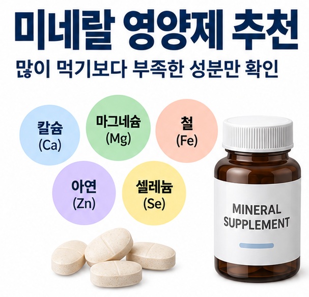 칼슘 마그네슘 철 아연 셀레늄 아이콘과 영양제 병을 배경으로 미네랄 영양제 추천이라는 글자가 중앙에 놓인 건강정보 인포그래픽