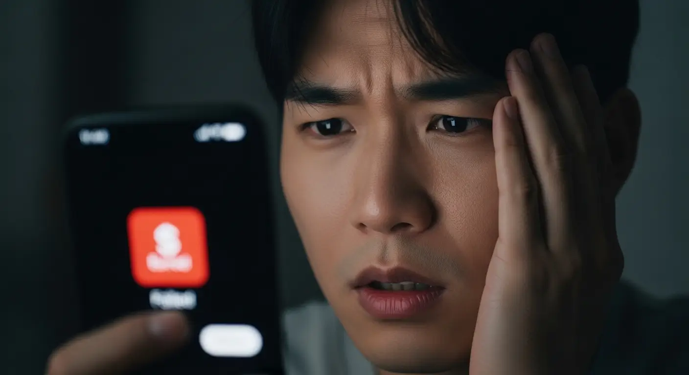 한 한국인 사용자가 서민금융진흥원 앱의 '오류' 또는 '인증 실패' 메시지를 보며 좌절하는 모습