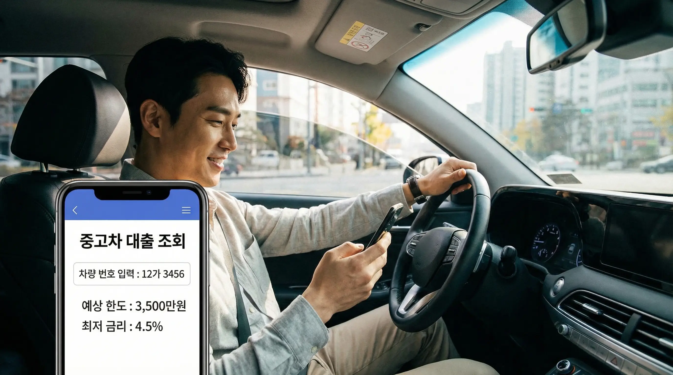 스마트폰으로 차량 번호를 입력하여 중고차 대출 한도와 금리를 간편하게 조회하는 운전자의 모습
