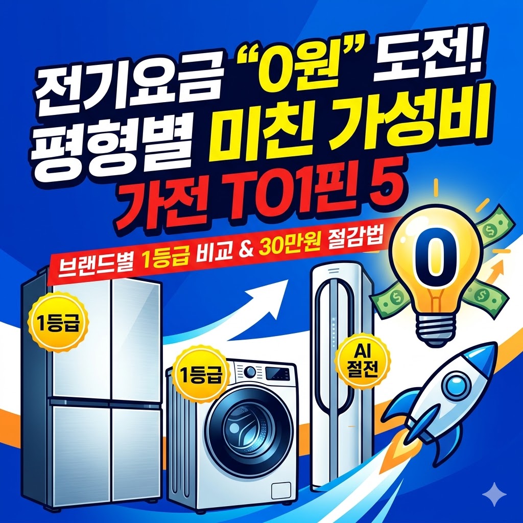 2026년 고물가 시대에 아파트 전기요금을 극적으로 줄여주는 평형별 가성비 가전 TOP 5를 설명하는 블로그 썸네일 이미지. 삼성 비스포크와 LG 오브제 등 브랜드별 1등급 제품 비교와 연간 30만원 절약 방법, 에너지 소비효율 등급, AI 절전 기술 등의 핵심 키워드를 포함한 디자인.