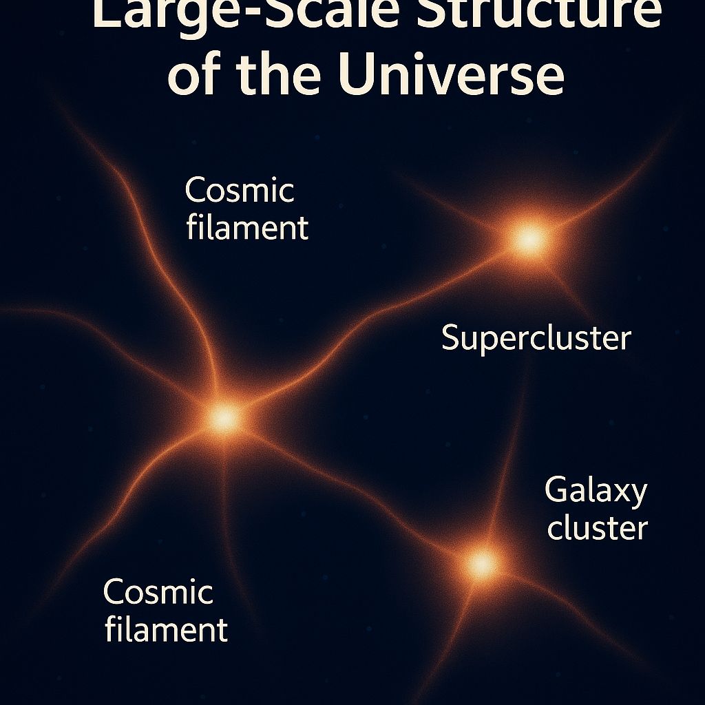 우주 거대 구조를 나타내는 인포그래픽, 은하 필라멘트와 공허 영역 시각화