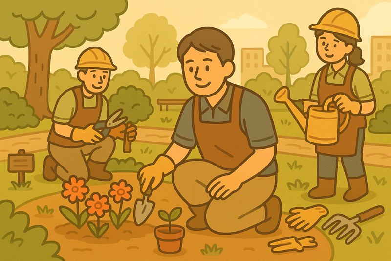 남성과 두 명의 동료가 공원에서 함께 조경 작업을 수행하는 모습, 한 명은 물조리개를 들고 있고 다른 한 명은 가위를 사용 중
