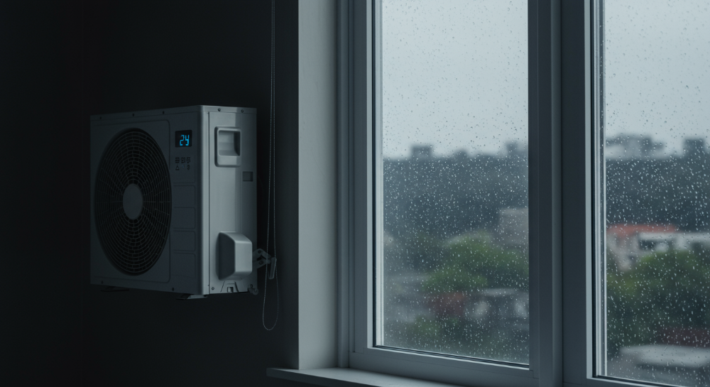 장마철 PVC 창문에 설치된 창문형 에어컨이 실내를 쾌적하게 유지하며, 외부에는 비가 내리는 모습. 누수 방지를 위한 깔끔한 설치와 실내의 뽀송함을 강조.