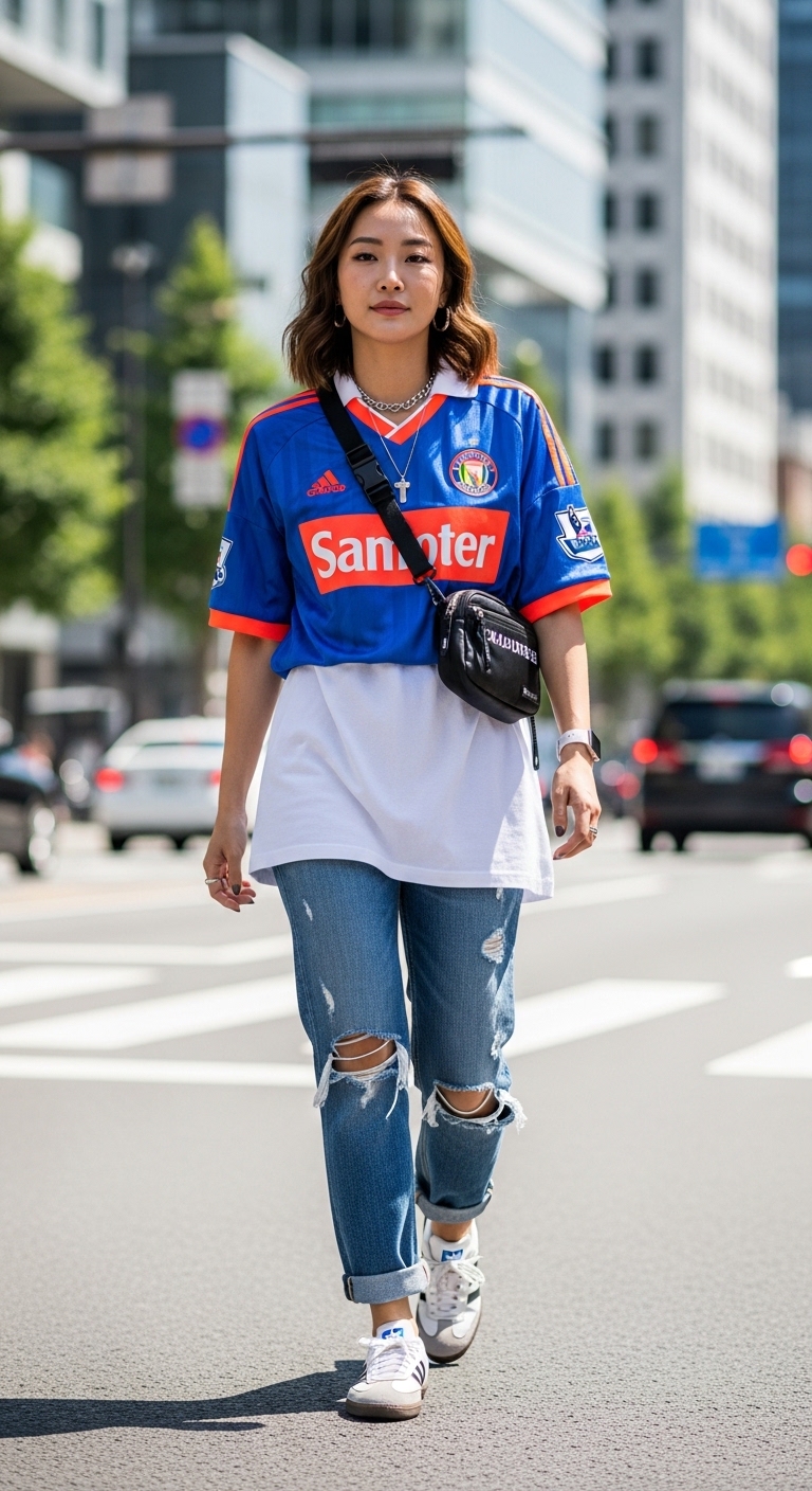 비비드한 컬러의 축구 유니폼 상의를 일상복과 매치한 힙한 블록코어 룩