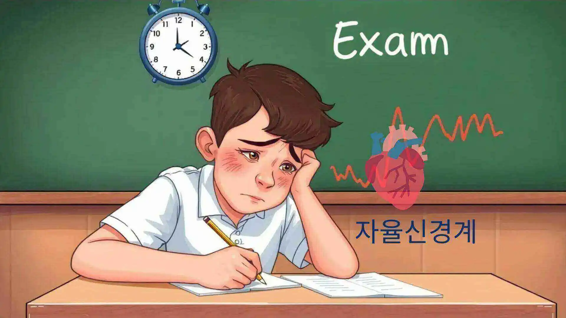 시험을 보는 학생의 긴장하는 모습. 우측에는 심장이 두근거리는 것을 나타내는 그래프가 나타나 있고, 칠판에는 'exam' 글자가 쓰여 있으며, 위쪽에는 하나의 시계가 걸려 있다.