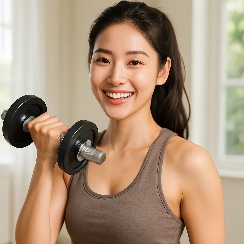 환하게 웃으며 덤벨을 들고 있는 여성의 팔 운동 썸네일 이미지