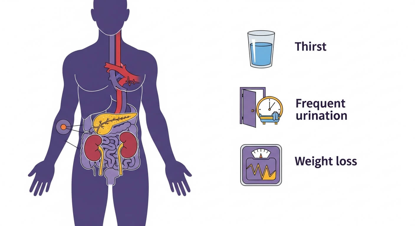 신체 내부장기와 물,FREQUESTNT URINATION, WEIGHT LOSS 의 인포그래픽이있다