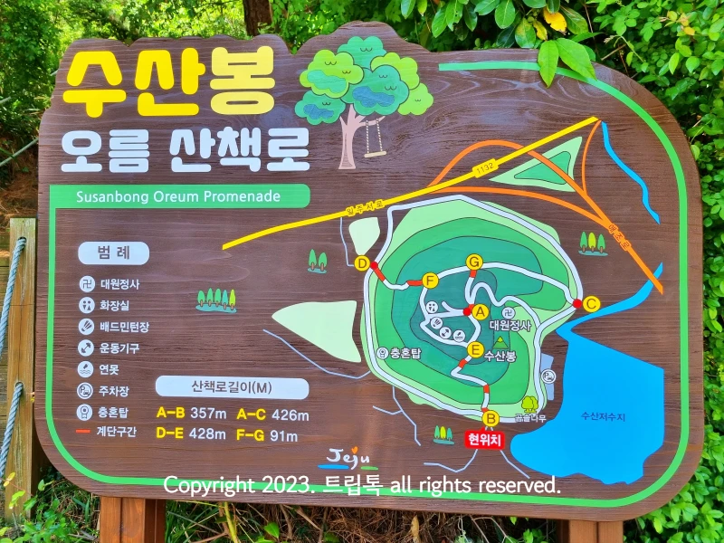 수산봉 오름산택로 라고 적혀있는 오름의 안내도이다. 대원정사&amp;#44; 화장실&amp;#44;연못&amp;#44;현위치 등이 그려져 있다.