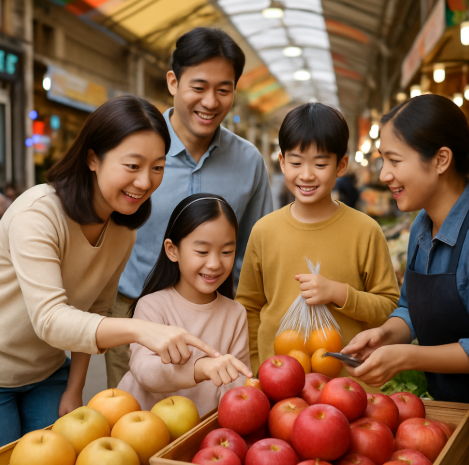 전통 시장에서 아이들과 함께 배와 사과를 보고 있는 모습
